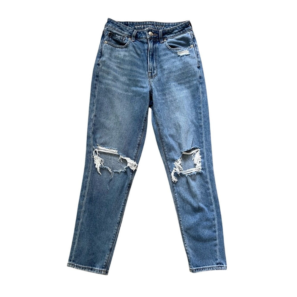 American Eagle Mom Jean High Waisted Distressed Blue Denim Women Size 2 Short